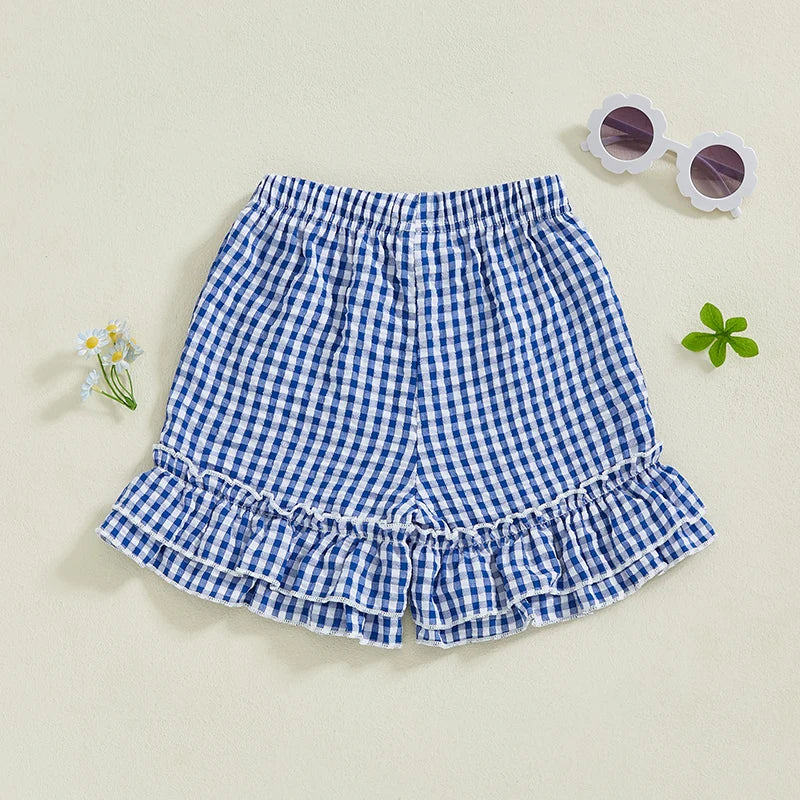 Girls Summer Plaid Print Shorts with Elastic Waistband and Ruffled Wide Leg Design - Adorable and Stylish Kids Clothing for