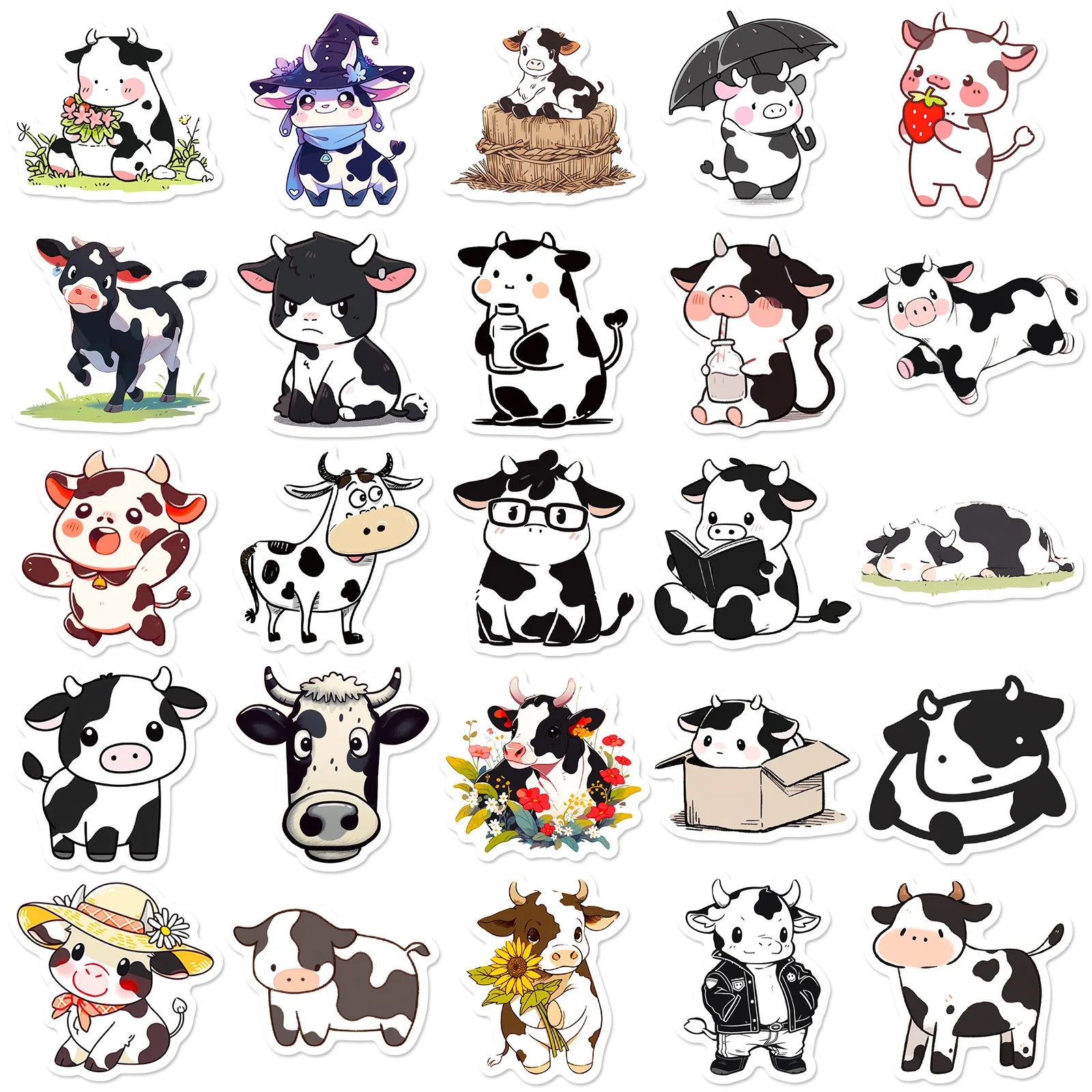 50 pcs cute black and white cow sticker cartoon creative cool expression sticker stationery sticker DIY sticker children's toys