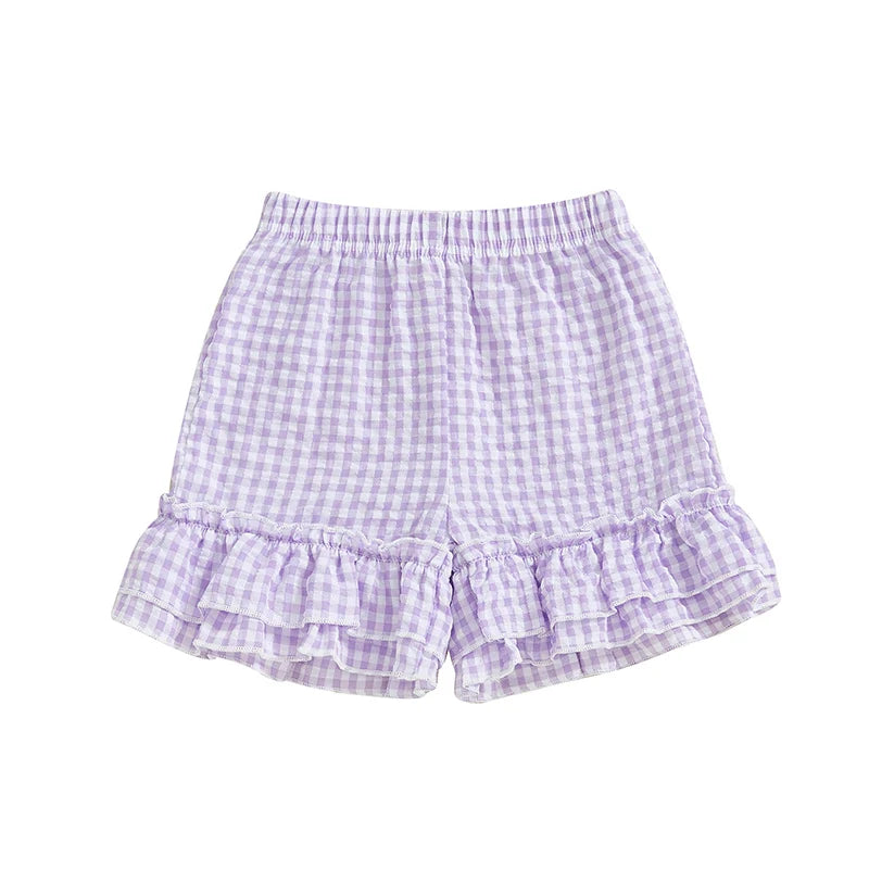 Girls Summer Plaid Print Shorts with Elastic Waistband and Ruffled Wide Leg Design - Adorable and Stylish Kids Clothing for