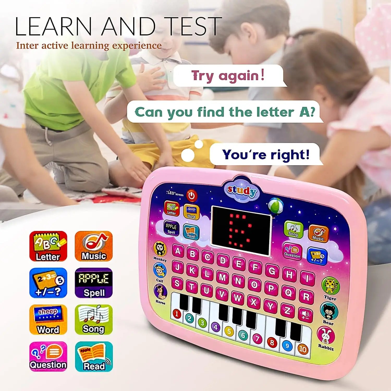 Kids Tablet, Educational Learning Pad with LED Screen, Early Development Interactive Electronic Toy for Boys & Girls