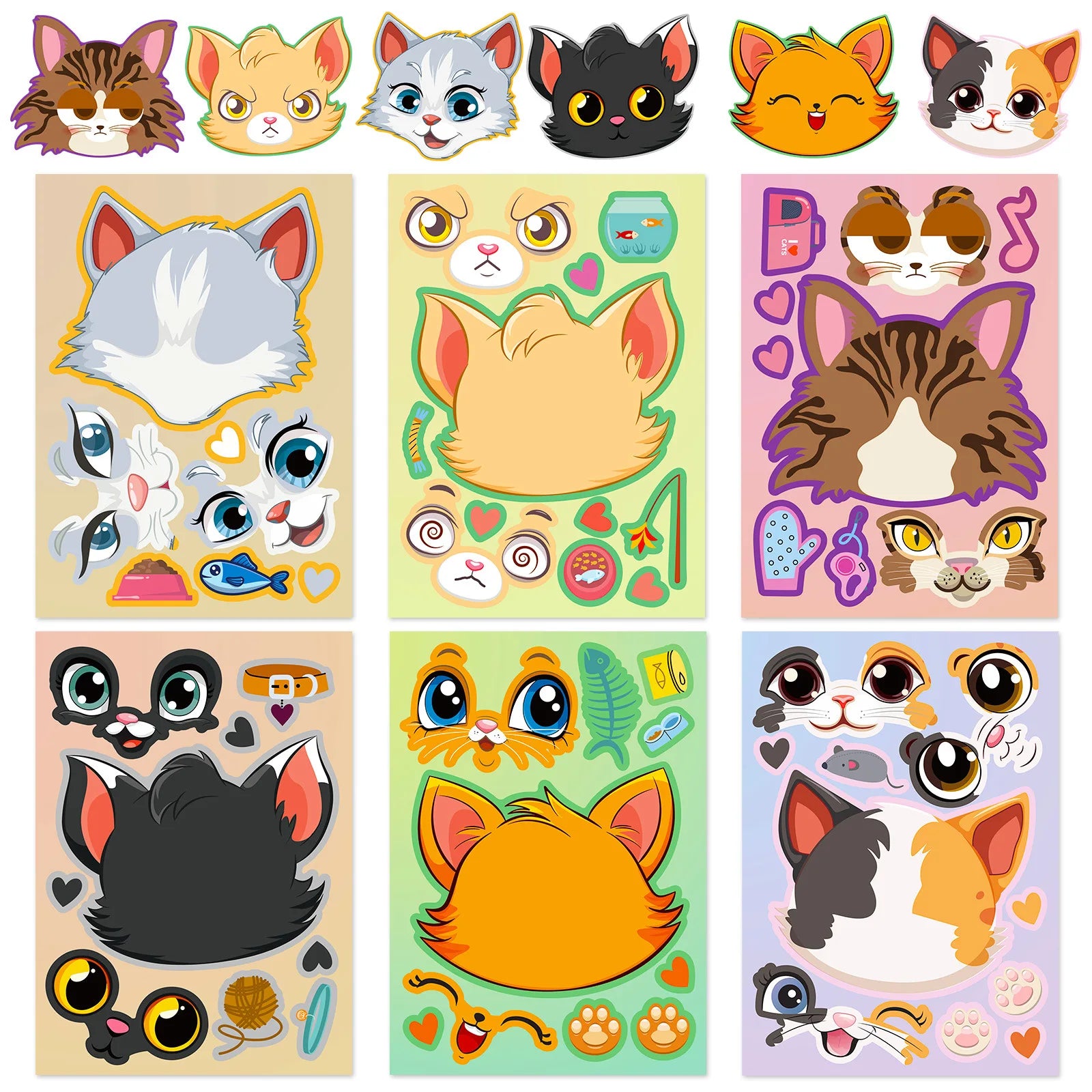 6pcs cartoon cat head face changing puzzle sticker cartoon animal Make a face toy face changing sticker DIY Children's toys