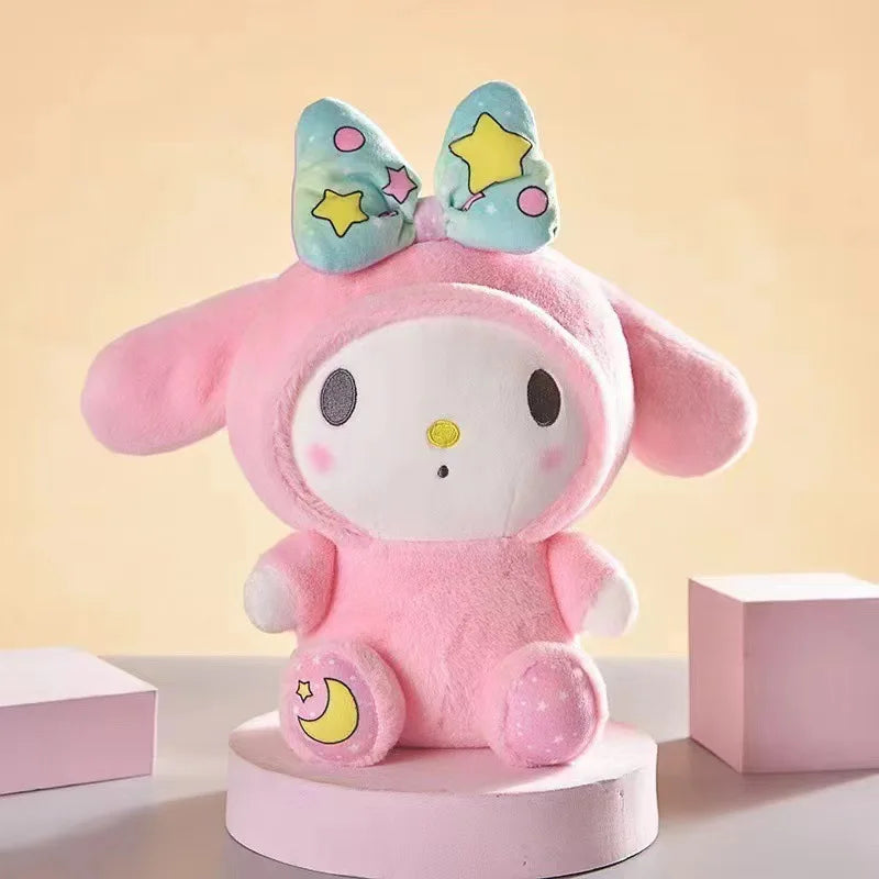 Sanrio Anime Tie Dye Toys Kawaii Kuromi Mymelody Cinnamorol Plush Bow Soft Stuffed Hello Kitty Birthday Gift for Children's Toys