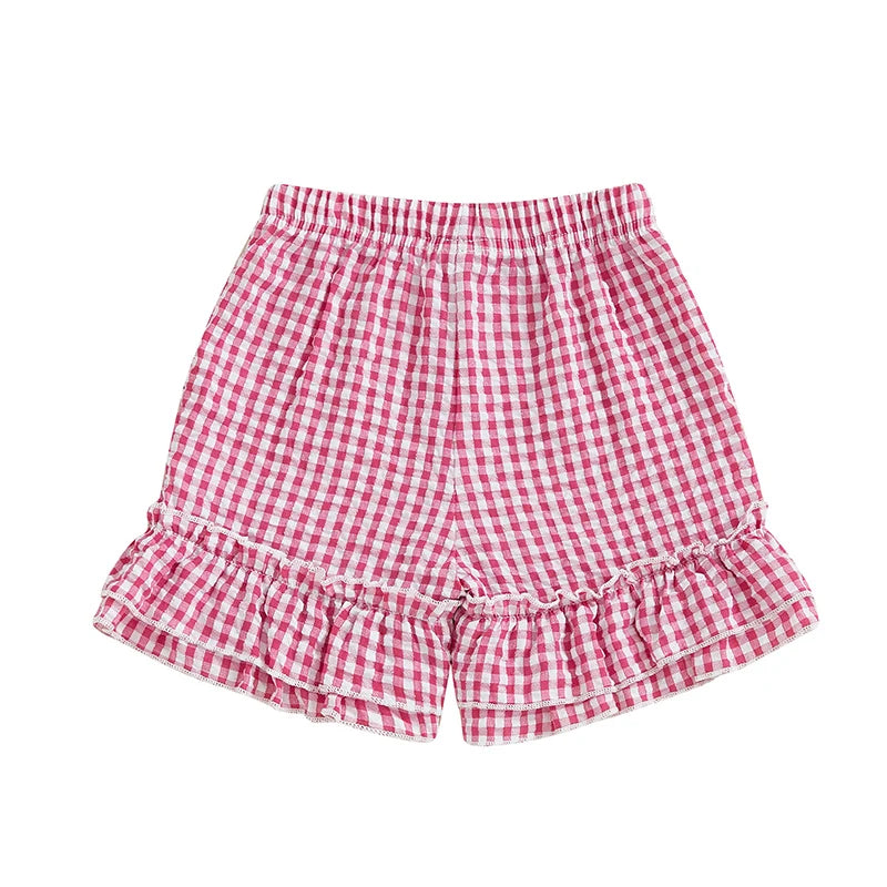 Girls Summer Plaid Print Shorts with Elastic Waistband and Ruffled Wide Leg Design - Adorable and Stylish Kids Clothing for