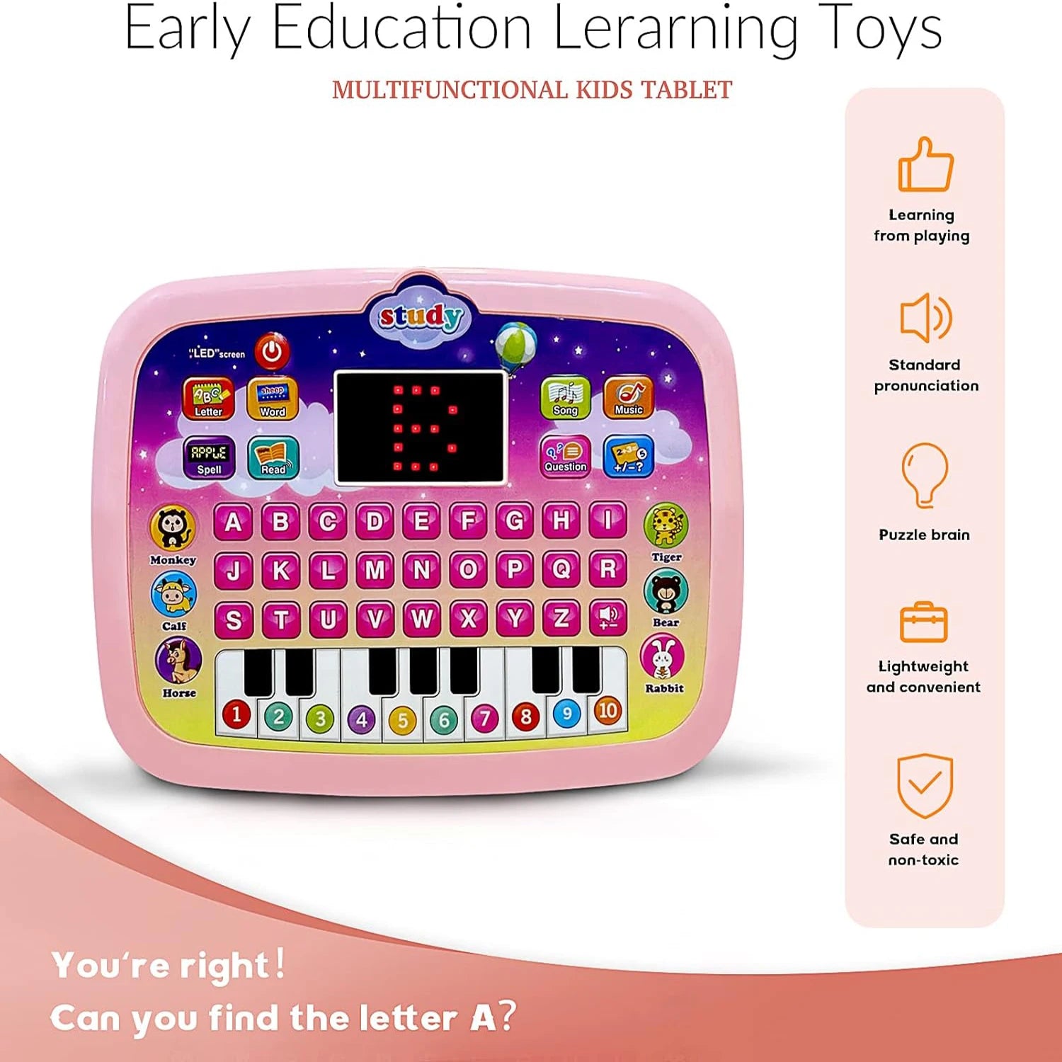 Kids Tablet, Educational Learning Pad with LED Screen, Early Development Interactive Electronic Toy for Boys & Girls