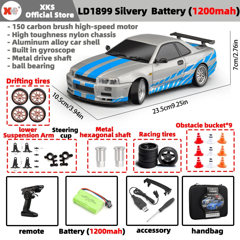 LDR/C LD1899 1/18 RC Model Drift Car GTR R34 Metal Alloy Body Shell Remote Control Car in Gyroscope Adult Children's Toys
