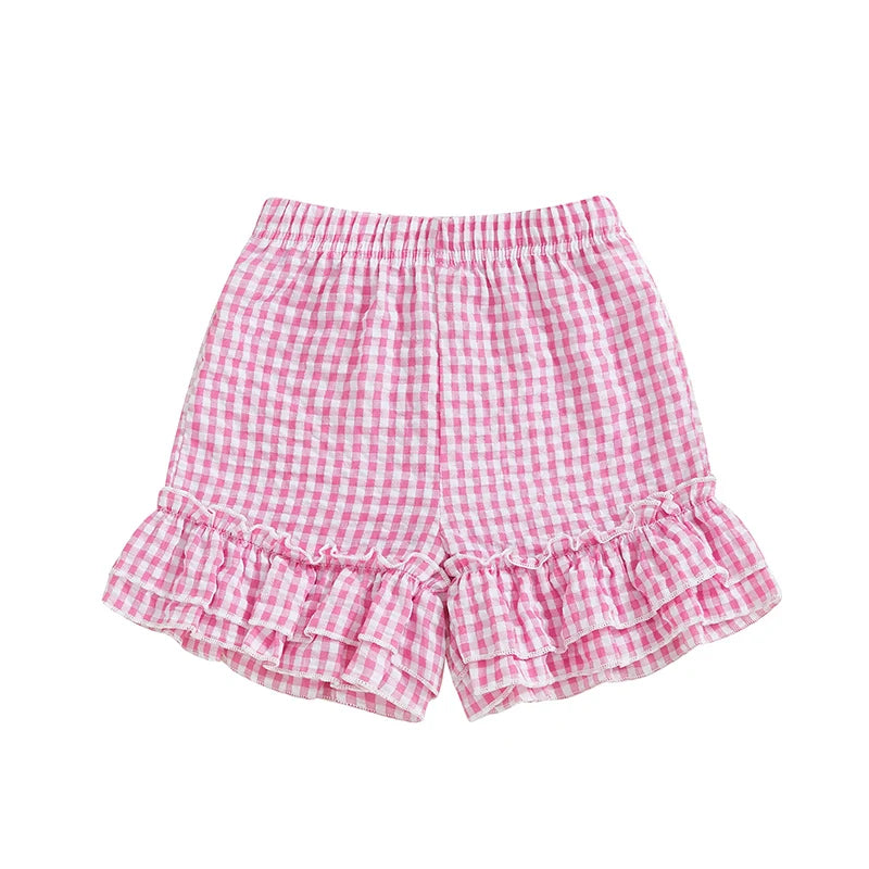 Girls Summer Plaid Print Shorts with Elastic Waistband and Ruffled Wide Leg Design - Adorable and Stylish Kids Clothing for