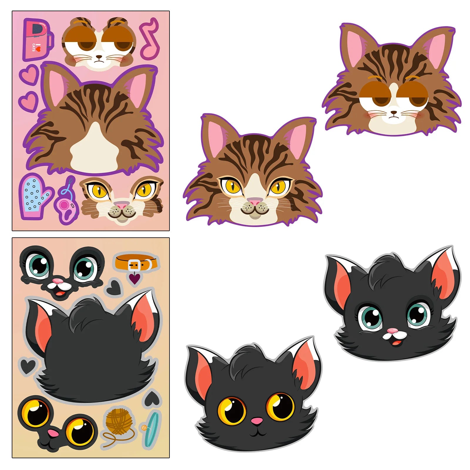 6pcs cartoon cat head face changing puzzle sticker cartoon animal Make a face toy face changing sticker DIY Children's toys