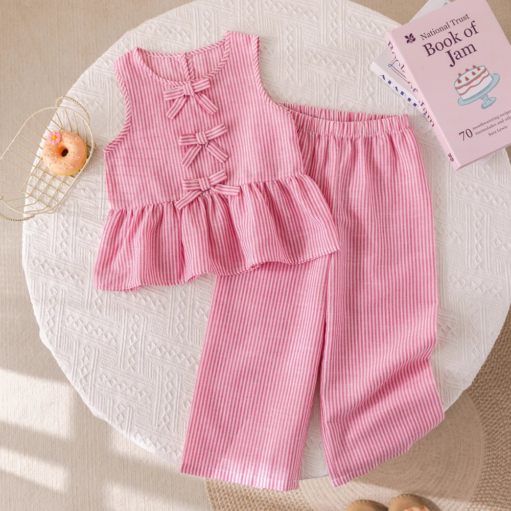 Humor Bear Summer Girls' Suits Pink vertical stripe Bow Sleeveless Vest Top+Pants Two-piece Set Sweet Kids' Clothing Sets