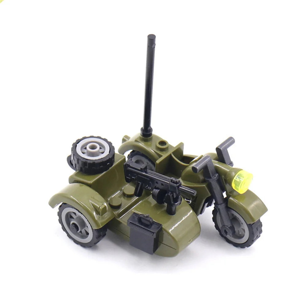 World War 2 WW2 Army Military Soldiers Motorcycle Rocket Launcher Cannon Gun Figures Building Blocks Bricks Children's Toys ﻿