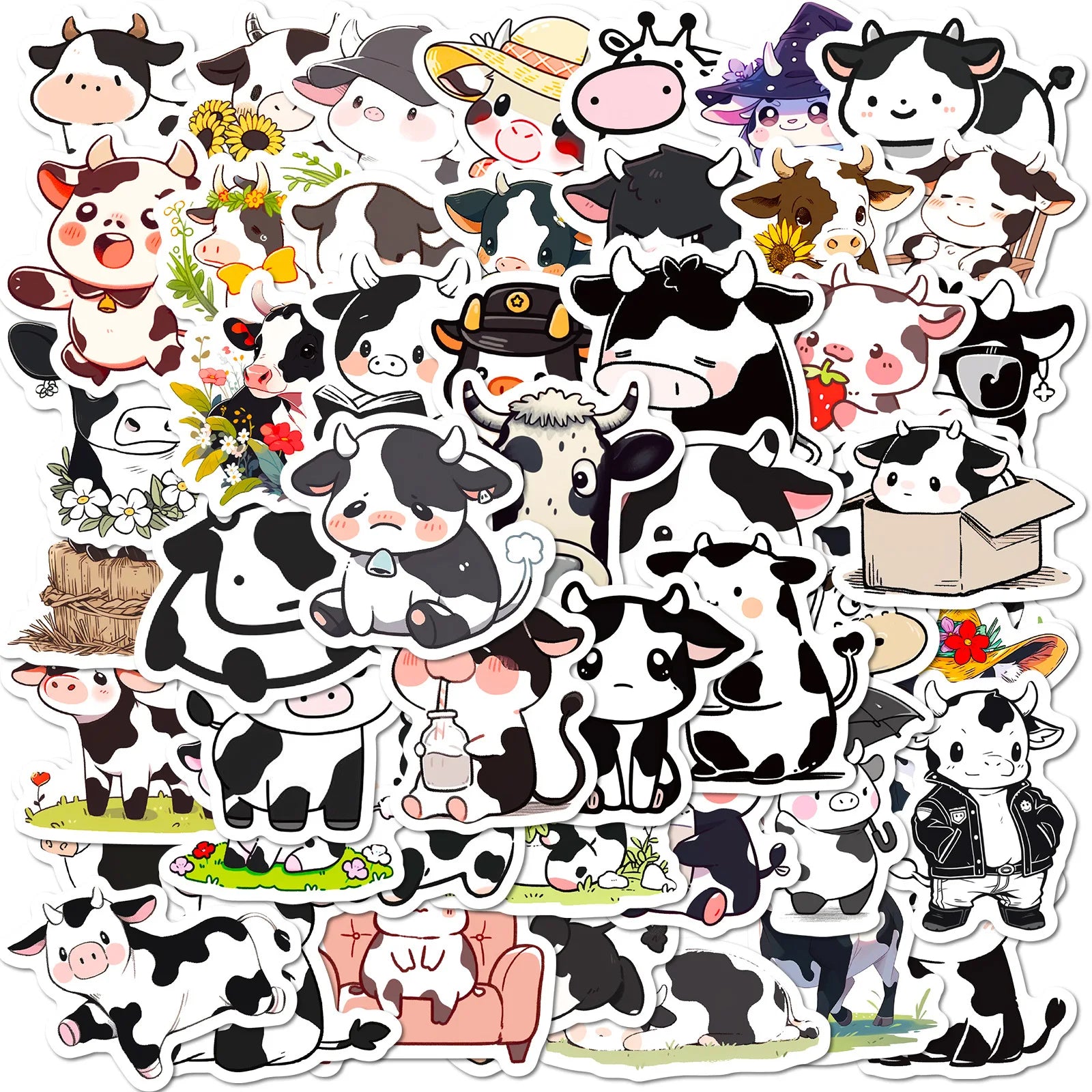 50 pcs cute black and white cow sticker cartoon creative cool expression sticker stationery sticker DIY sticker children's toys