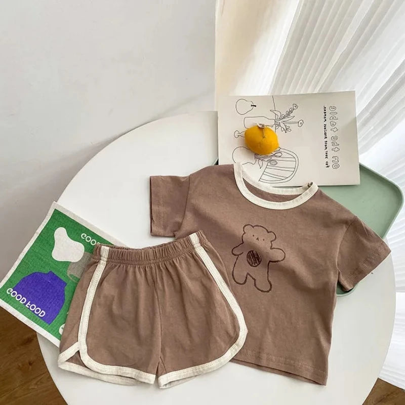 6m-4y Cartoon Bear Baby Outfits Casual Cute Boys And Girls Two Piece Set Summer Kids Clothing Short Sleeved Suits Home Clothes